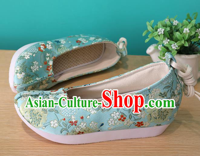 Chinese Hanfu Shoes Traditional Ming Dynasty Princess Shoes Classical Blue Brocade Shoes Chinese Hanfu Shoes Traditional Ming Dynasty Princess Shoes Classical Blue Brocade Shoes