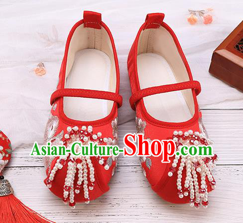 China Traditional Embroidered Red Shoes Classical Hanfu Shoes for Kids China Traditional Embroidered Red Shoes Classical Hanfu Shoes for Kids
