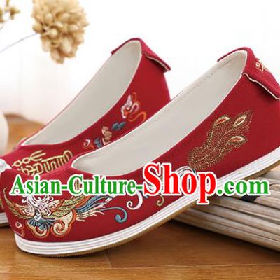 Chinese Traditional Wedding Shoes Hanfu Shoes Classical Embroidered Phoenix Red Shoes
