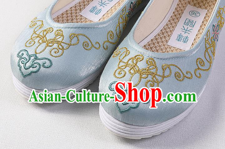 Chinese Traditional Women Shoes Handmade Hanfu Wedding Shoes Classical Embroidered Blue Satin Shoes Chinese Traditional Women Shoes Handmade Hanfu Wedding Shoes Classical Embroidered Blue Satin Shoes