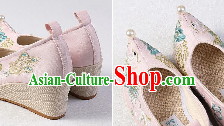 Chinese Traditional Wedge Heel Shoes Handmade Embroidered Phoenix Shoes Hanfu Pink Cloth Shoes Chinese Traditional Wedge Heel Shoes Handmade Embroidered Phoenix Shoes Hanfu Pink Cloth Shoes
