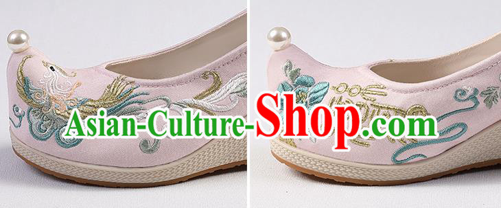 Chinese Traditional Wedge Heel Shoes Handmade Embroidered Phoenix Shoes Hanfu Pink Cloth Shoes Chinese Traditional Wedge Heel Shoes Handmade Embroidered Phoenix Shoes Hanfu Pink Cloth Shoes