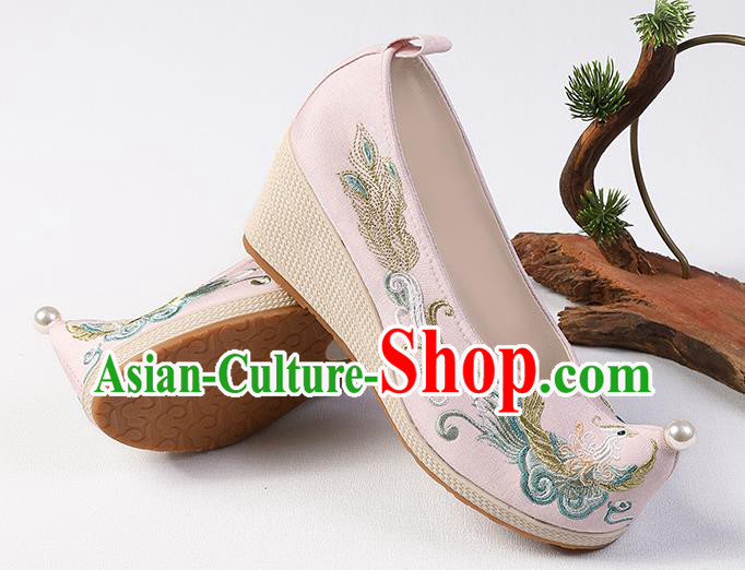 Chinese Traditional Wedge Heel Shoes Handmade Embroidered Phoenix Shoes Hanfu Pink Cloth Shoes Chinese Traditional Wedge Heel Shoes Handmade Embroidered Phoenix Shoes Hanfu Pink Cloth Shoes