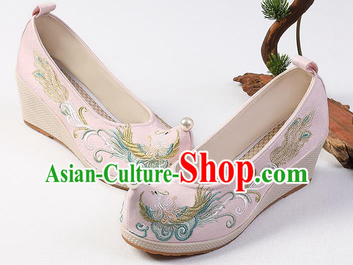 Chinese Traditional Wedge Heel Shoes Handmade Embroidered Phoenix Shoes Hanfu Pink Cloth Shoes Chinese Traditional Wedge Heel Shoes Handmade Embroidered Phoenix Shoes Hanfu Pink Cloth Shoes