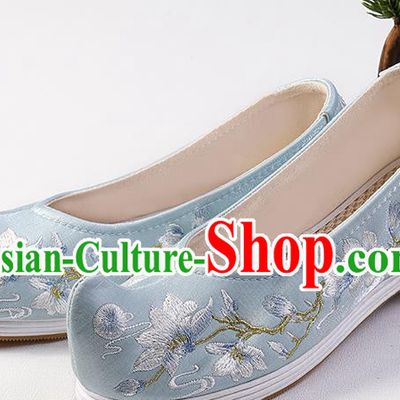 Chinese Traditional Ming Dynasty Hanfu Shoes Blue Satin Bow Shoes Embroidered Mangnolia Shoes