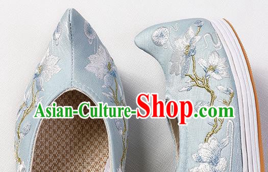 Chinese Traditional Ming Dynasty Hanfu Shoes Blue Satin Bow Shoes Embroidered Mangnolia Shoes Chinese Traditional Ming Dynasty Hanfu Shoes Blue Satin Bow Shoes Embroidered Mangnolia Shoes
