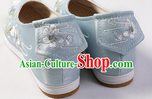 Chinese Traditional Ming Dynasty Hanfu Shoes Blue Satin Bow Shoes Embroidered Mangnolia Shoes Chinese Traditional Ming Dynasty Hanfu Shoes Blue Satin Bow Shoes Embroidered Mangnolia Shoes