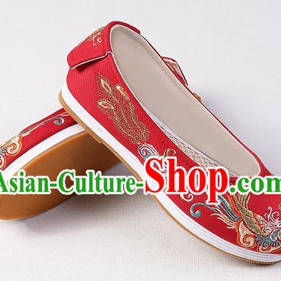 Chinese Handmade Embroidered Phoenix Red Cloth Shoes Traditional Women Shoes Classical Wedding Shoes