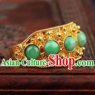 China Traditional Court Chrysoprase Beads Ring Ancient Qing Dynasty Golden Circlet