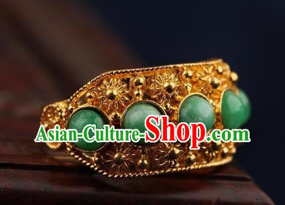 China Traditional Court Chrysoprase Beads Ring Ancient Qing Dynasty Golden Circlet China Traditional Court Chrysoprase Beads Ring Ancient Qing Dynasty Golden Circlet