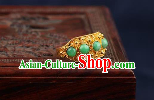 China Traditional Court Chrysoprase Beads Ring Ancient Qing Dynasty Golden Circlet China Traditional Court Chrysoprase Beads Ring Ancient Qing Dynasty Golden Circlet