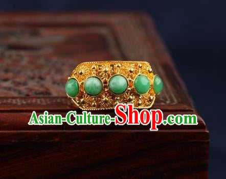 China Traditional Court Chrysoprase Beads Ring Ancient Qing Dynasty Golden Circlet China Traditional Court Chrysoprase Beads Ring Ancient Qing Dynasty Golden Circlet