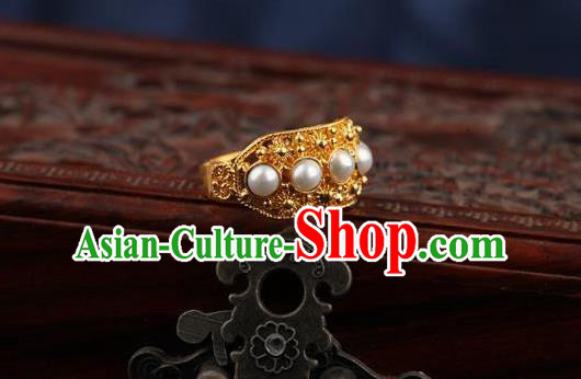 China Ancient Qing Dynasty Golden Circlet Traditional Court Pearls Ring China Ancient Qing Dynasty Golden Circlet Traditional Court Pearls Ring