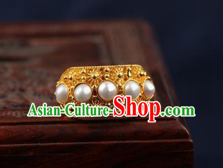 China Ancient Qing Dynasty Golden Circlet Traditional Court Pearls Ring China Ancient Qing Dynasty Golden Circlet Traditional Court Pearls Ring