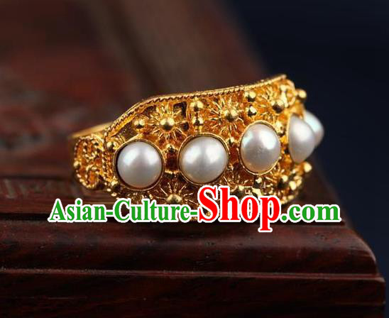 China Ancient Qing Dynasty Golden Circlet Traditional Court Pearls Ring China Ancient Qing Dynasty Golden Circlet Traditional Court Pearls Ring