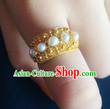 China Ancient Qing Dynasty Golden Circlet Traditional Court Pearls Ring China Ancient Qing Dynasty Golden Circlet Traditional Court Pearls Ring
