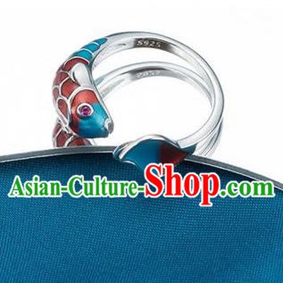 China Ancient Princess Cloisonne Fish Circlet Traditional Court Silver Ring