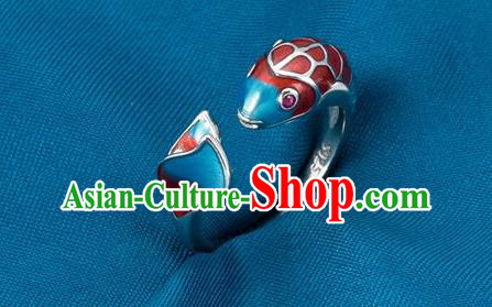 China Ancient Princess Cloisonne Fish Circlet Traditional Court Silver Ring China Ancient Princess Cloisonne Fish Circlet Traditional Court Silver Ring