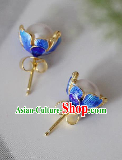 China National Pearl Earrings Traditional Cheongsam Blueing Lotus Ear Accessories China National Pearl Earrings Traditional Cheongsam Blueing Lotus Ear Accessories