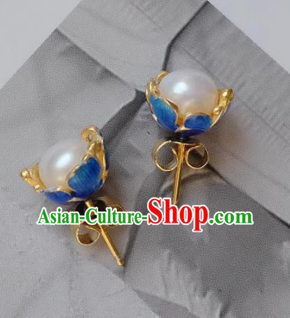China National Pearl Earrings Traditional Cheongsam Blueing Lotus Ear Accessories China National Pearl Earrings Traditional Cheongsam Blueing Lotus Ear Accessories