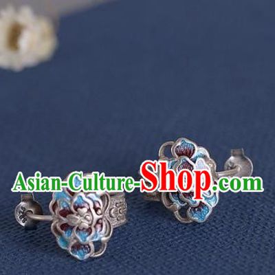 China National Silver Peony Earrings Traditional Cheongsam Blueing Ear Accessories
