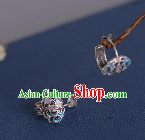 China National Silver Peony Earrings Traditional Cheongsam Blueing Ear Accessories China National Silver Peony Earrings Traditional Cheongsam Blueing Ear Accessories
