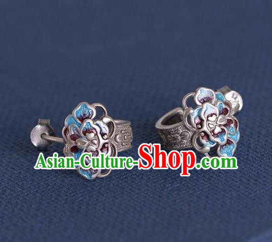 China National Silver Peony Earrings Traditional Cheongsam Blueing Ear Accessories China National Silver Peony Earrings Traditional Cheongsam Blueing Ear Accessories