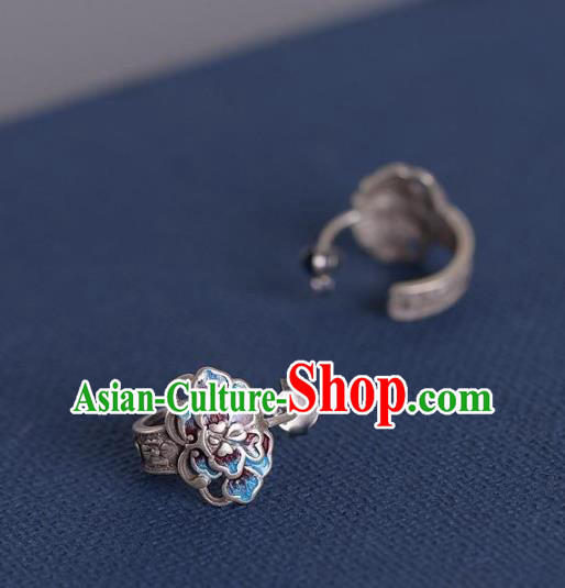 China National Silver Peony Earrings Traditional Cheongsam Blueing Ear Accessories China National Silver Peony Earrings Traditional Cheongsam Blueing Ear Accessories