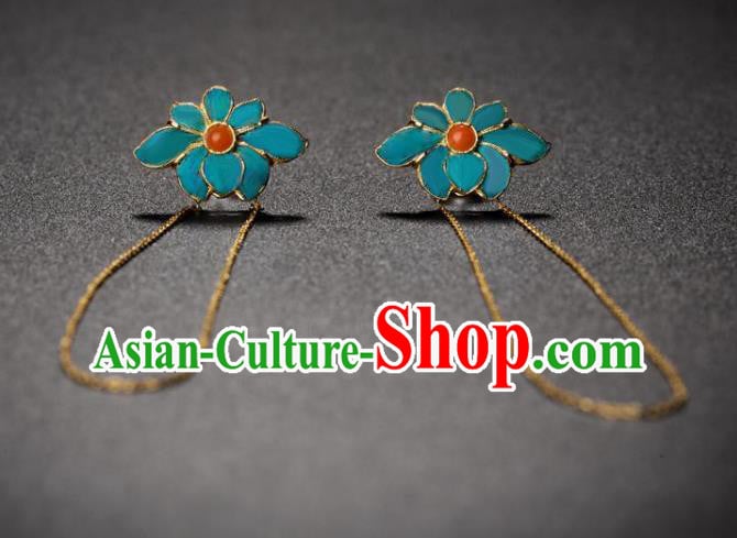 China National Agate Earrings Traditional Qing Dynasty Empress Blue Lotus Ear Accessories