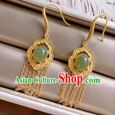 China Traditional Cheongsam Jade Ear Accessories National Golden Tassel Earrings