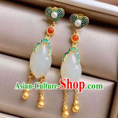 China Traditional Cheongsam White Jade Ear Accessories National Qing Dynasty Court Tassel Earrings