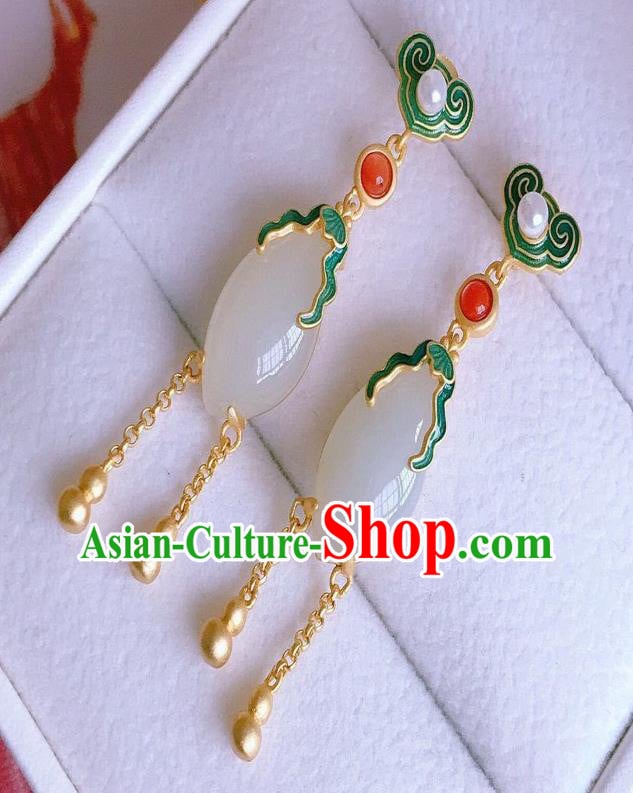 China Traditional Cheongsam White Jade Ear Accessories National Qing Dynasty Court Tassel Earrings China Traditional Cheongsam White Jade Ear Accessories National Qing Dynasty Court Tassel Earrings