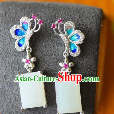 China Traditional Cheongsam White Jade Ear Accessories National Qing Dynasty Court Blueing Butterfly Earrings