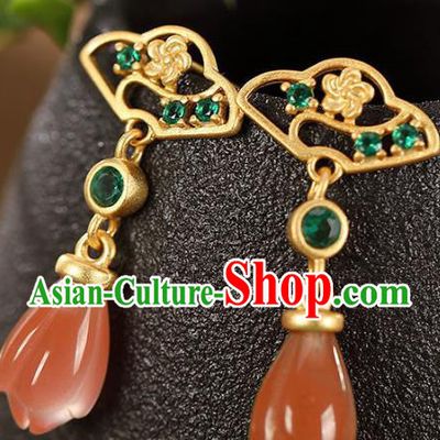 China Traditional Cheongsam Green Crystal Ear Accessories National Wedding Red Agate Mangnolia Earrings
