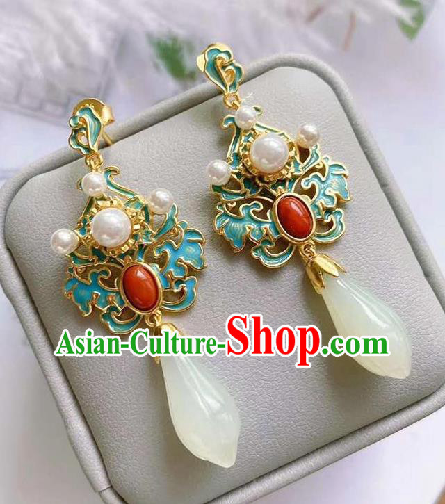 China Traditional Cheongsam Agate Ear Accessories National Wedding Jade Mangnolia Earrings China Traditional Cheongsam Agate Ear Accessories National Wedding Jade Mangnolia Earrings
