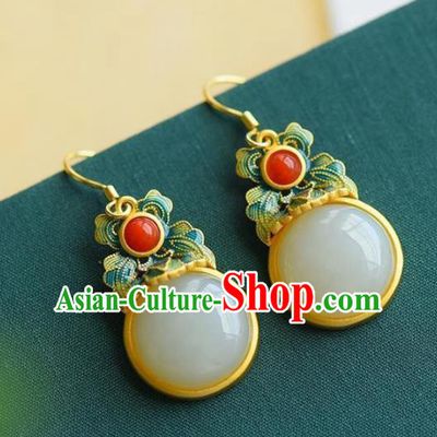 China Traditional Cheongsam Enamel Ear Accessories National White Jade Earrings