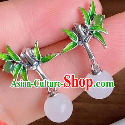 China National Silver Bamboo Earrings Traditional Cheongsam Chalcedony Ear Accessories