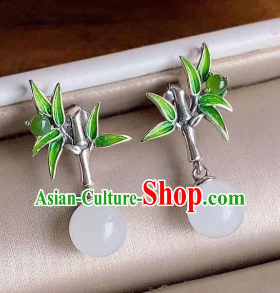 China National Silver Bamboo Earrings Traditional Cheongsam Chalcedony Ear Accessories China National Silver Bamboo Earrings Traditional Cheongsam Chalcedony Ear Accessories
