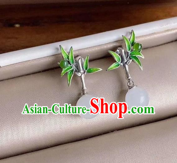 China National Silver Bamboo Earrings Traditional Cheongsam Chalcedony Ear Accessories China National Silver Bamboo Earrings Traditional Cheongsam Chalcedony Ear Accessories