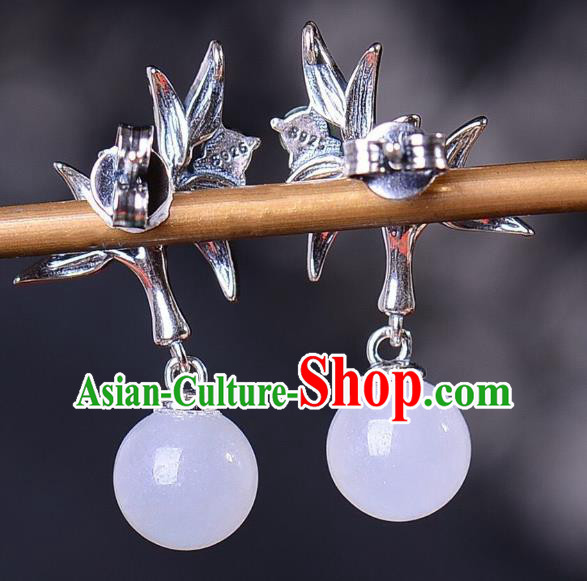 China National Silver Bamboo Earrings Traditional Cheongsam Chalcedony Ear Accessories China National Silver Bamboo Earrings Traditional Cheongsam Chalcedony Ear Accessories