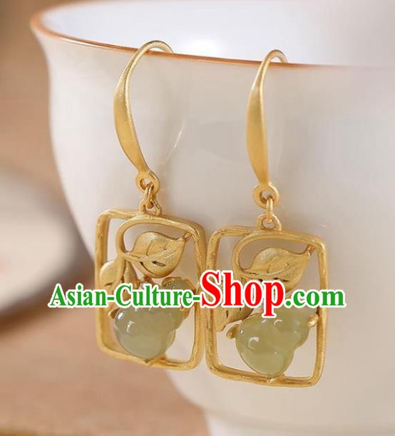 China National Jade Gourd Earrings Traditional Cheongsam Golden Ear Accessories China National Jade Gourd Earrings Traditional Cheongsam Golden Ear Accessories