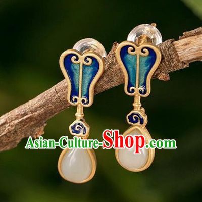 China National Cloisonne Palm Leaf Earrings Traditional Cheongsam Jade Ear Accessories