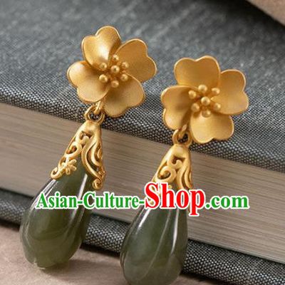 China National Jade Mangnolia Earrings Traditional Cheongsam Golden Ear Accessories