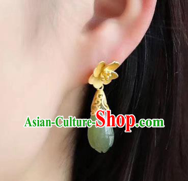 China National Jade Mangnolia Earrings Traditional Cheongsam Golden Ear Accessories China National Jade Mangnolia Earrings Traditional Cheongsam Golden Ear Accessories