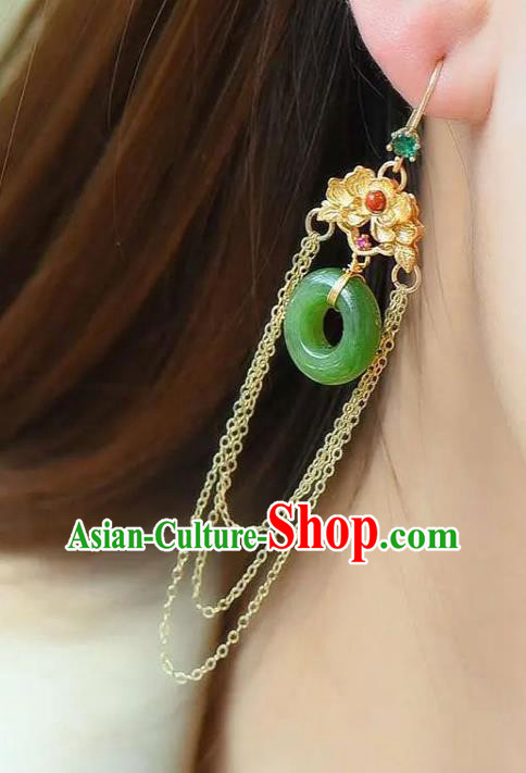 China National Golden Peony Tassel Earrings Traditional Cheongsam Jade Ear Jewelry Accessories