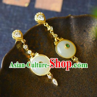 China Traditional Cheongsam Crystal Ear Jewelry Accessories National Jade Peace Buckle Earrings