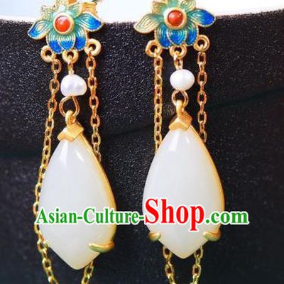 China Traditional White Jade Ear Jewelry Accessories National Cheongsam Enamel Lotus Earrings
