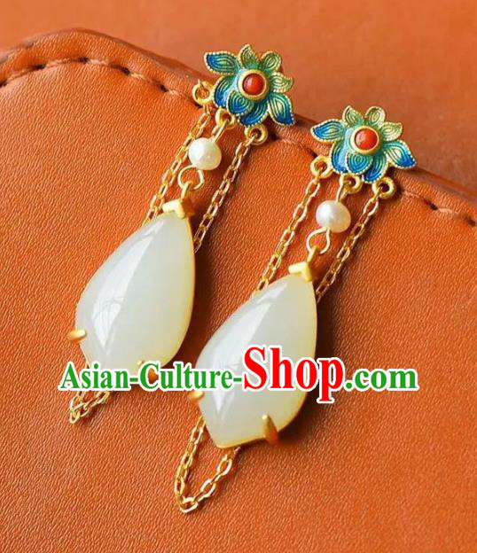 China Traditional White Jade Ear Jewelry Accessories National Cheongsam Enamel Lotus Earrings China Traditional White Jade Ear Jewelry Accessories National Cheongsam Enamel Lotus Earrings
