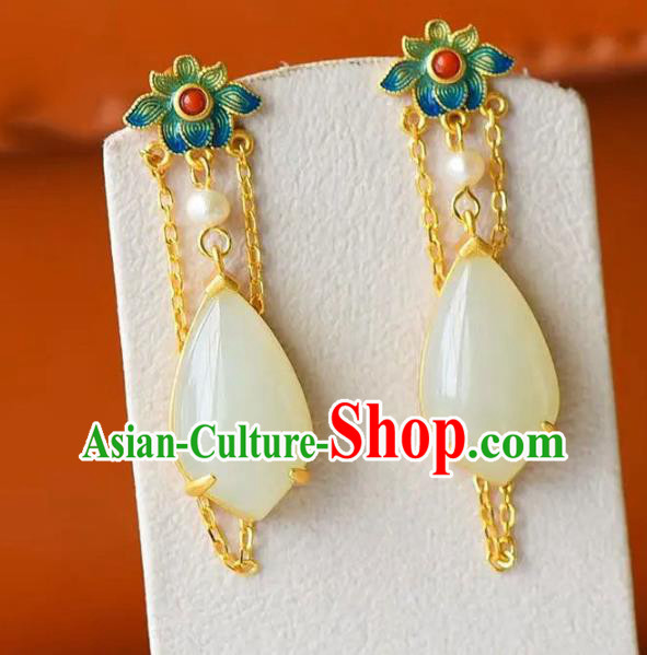 China Traditional White Jade Ear Jewelry Accessories National Cheongsam Enamel Lotus Earrings China Traditional White Jade Ear Jewelry Accessories National Cheongsam Enamel Lotus Earrings