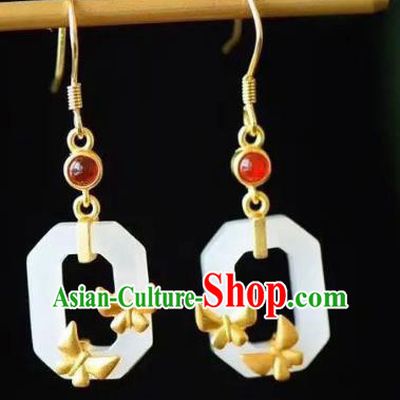 China Traditional Garnet Ear Jewelry Accessories National Cheongsam White Jade Earrings